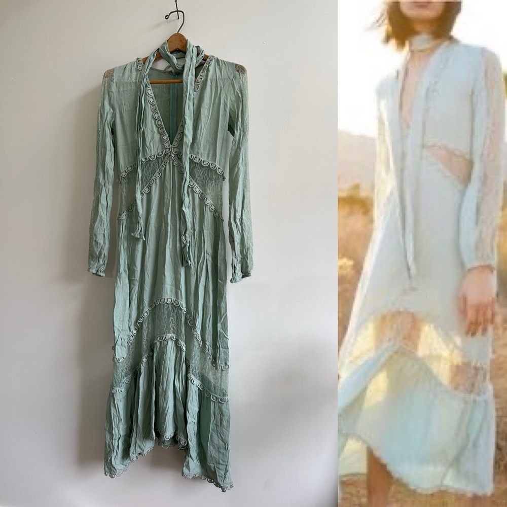 For Love & Lemons x FREE PEOPLE light turquoise lace maxi dress with neck tie